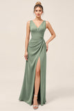 Eucalyptus V Neck Sheath Long Bridesmaid Dress with Slit