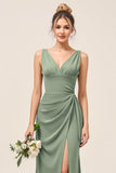 Eucalyptus V Neck Sheath Long Bridesmaid Dress with Slit