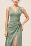 Eucalyptus V Neck Sheath Long Bridesmaid Dress with Slit