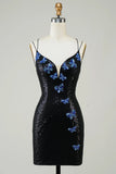 Sparkly Black Butterflies Tight Homecoming Dress with Sequins