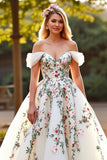 Floral Off The Shoulder White Tulle A Line Long Wedding Dress