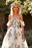 White Tulle Off The Shoulder A Line Long Wedding Dress With Appliques