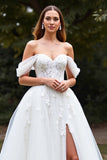 Off The Shoulder White Tulle A Line Long Wedding Dress With Slit