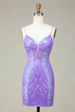 Lilac Sequins Lace-Up Back Tight Short Homecoming Dress