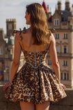 A-Line Khaki Leopard Beaded Spaghetti Straps Homecoming Dress