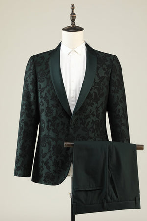 Dark Green Jacquard Shawl Lapel One Button 2 Piece Men's Prom Suits