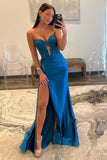 Navy Satin Sweetheart Mermaid Long Prom Dress With Split