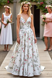 Printed Spaghetti Straps White A Line Long Wedding Dress
