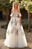 White Tulle Off The Shoulder A Line Long Wedding Dress With Appliques