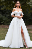 Off The Shoulder White Tulle A Line Long Wedding Dress With Slit