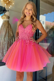 Hot Pink Tulle A-Line Short Homecoming Dress with Lace