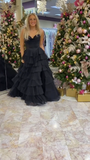 A Line Black Tiered Chiffon Long Corset Prom Dress with Slit