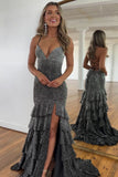 Sparkly Beading Black Mermaid Spaghetti Straps Prom Dress with Slit