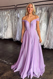 Off the Shoulder A Line Chiffon Purple Prom Dress