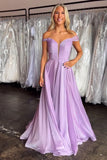 Off the Shoulder A Line Chiffon Purple Prom Dress