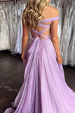 Off the Shoulder A Line Chiffon Purple Prom Dress