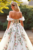Floral Off The Shoulder White Tulle A Line Long Wedding Dress