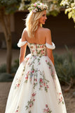 White Tulle Off The Shoulder A Line Long Wedding Dress With Appliques