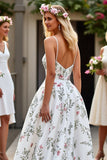 Printed Spaghetti Straps White A Line Long Wedding Dress