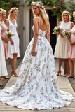 Printed Spaghetti Straps White A Line Long Wedding Dress