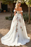 White Tulle Off The Shoulder A Line Long Wedding Dress With Appliques