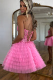 Pink Beaded Corset A Line Tiered Homecoming Dress
