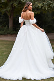 Off The Shoulder White Tulle A Line Long Wedding Dress With Slit