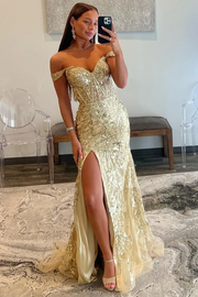 Sparkly Gold Off The Shoulder Long Mermaid Sequin Prom Dress with Slit