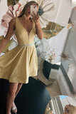 Champagne A Line V-Neck Short Homecoming Dress