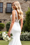 Lace V Neck Ivory Ruched Mermaid Wedding Dress with Slit