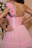 One Shoulder Pink A Line Tulle Homecoming Dress with 3D Flowers