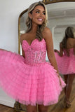 Pink Beaded Corset A Line Tiered Homecoming Dress