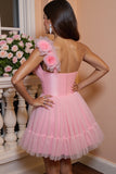 One Shoulder Pink A Line Tulle Homecoming Dress with 3D Flowers
