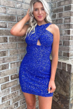 Glitter Halter Turquoise Backless Sequins Tight Homecoming Dress