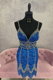 Peacock Blue Sequins Homecoming Dress With Fringes