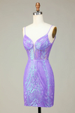 Lilac Sequins Lace-Up Back Tight Short Homecoming Dress