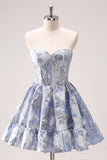 Blue Strapless A-Line Corset Floral Homcoming Dress