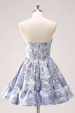 Blue Strapless A-Line Corset Floral Homcoming Dress