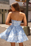 Blue Strapless A-Line Corset Floral Homcoming Dress