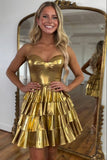 Sparkly Golden Tiered A Line Sweetheart Short Homecoming Dress