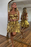 Sparkly Golden Tiered A Line Sweetheart Short Homecoming Dress
