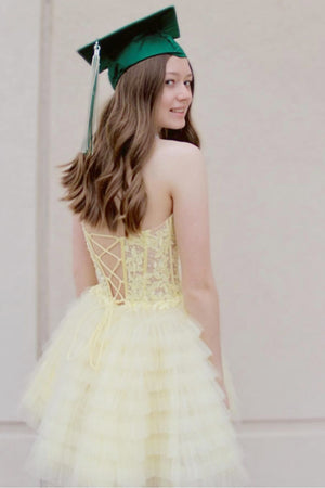 Cute Yellow A-Line Strapless Lace Short Homecoming Dress