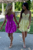 Tiered A Line Strapless Short Lilac Homecoming Dress with Appliques