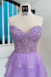 Tiered A Line Strapless Short Lilac Homecoming Dress with Appliques