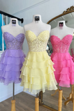 Tiered A Line Strapless Short Lilac Homecoming Dress with Appliques
