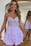 Tiered A Line Strapless Short Lilac Homecoming Dress with Appliques