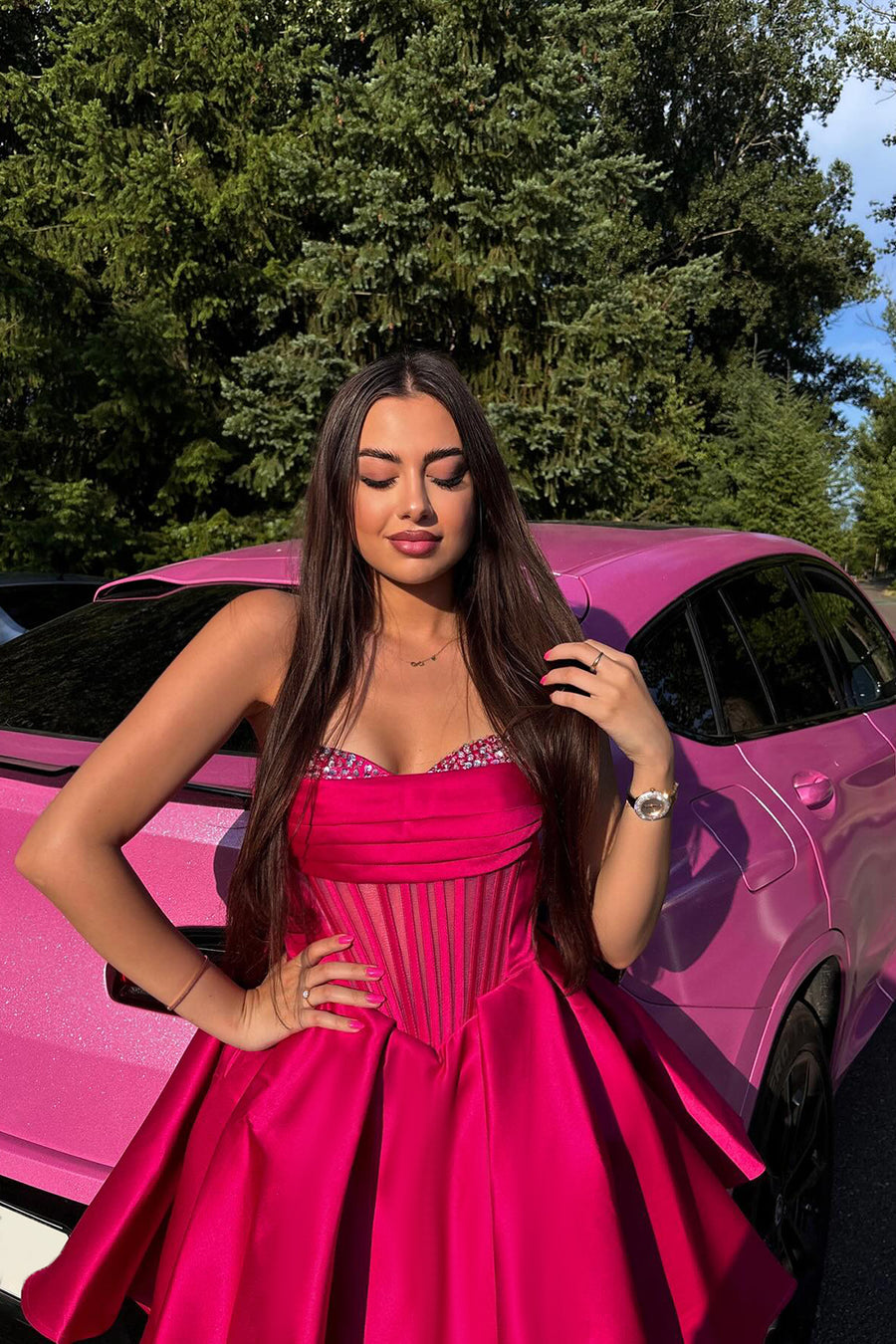 pink long homecoming dresses Chic Hot Pink Homecoming Dress with Long Sleeves,Hot Pink Cocktail Dre –  Simplepromdress