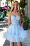 Blue Corset Appliques Tulle A Line Strapless Homecoming Dress