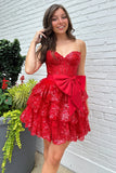 Bows Red Tiered Corset Strapless Homecoming Dress with Sequins