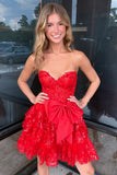 Bows Red Corset Tiered A Line Strapless Homecoming Dress